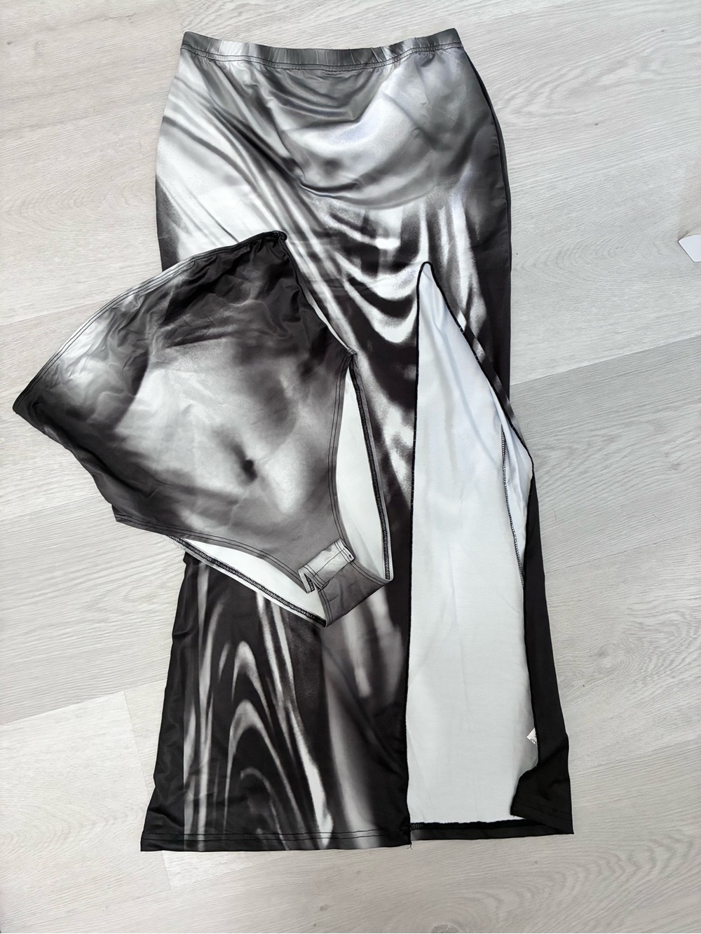 Y2K Marble Print Strapless Bodysuit & High Slit Maxi Skirt Set